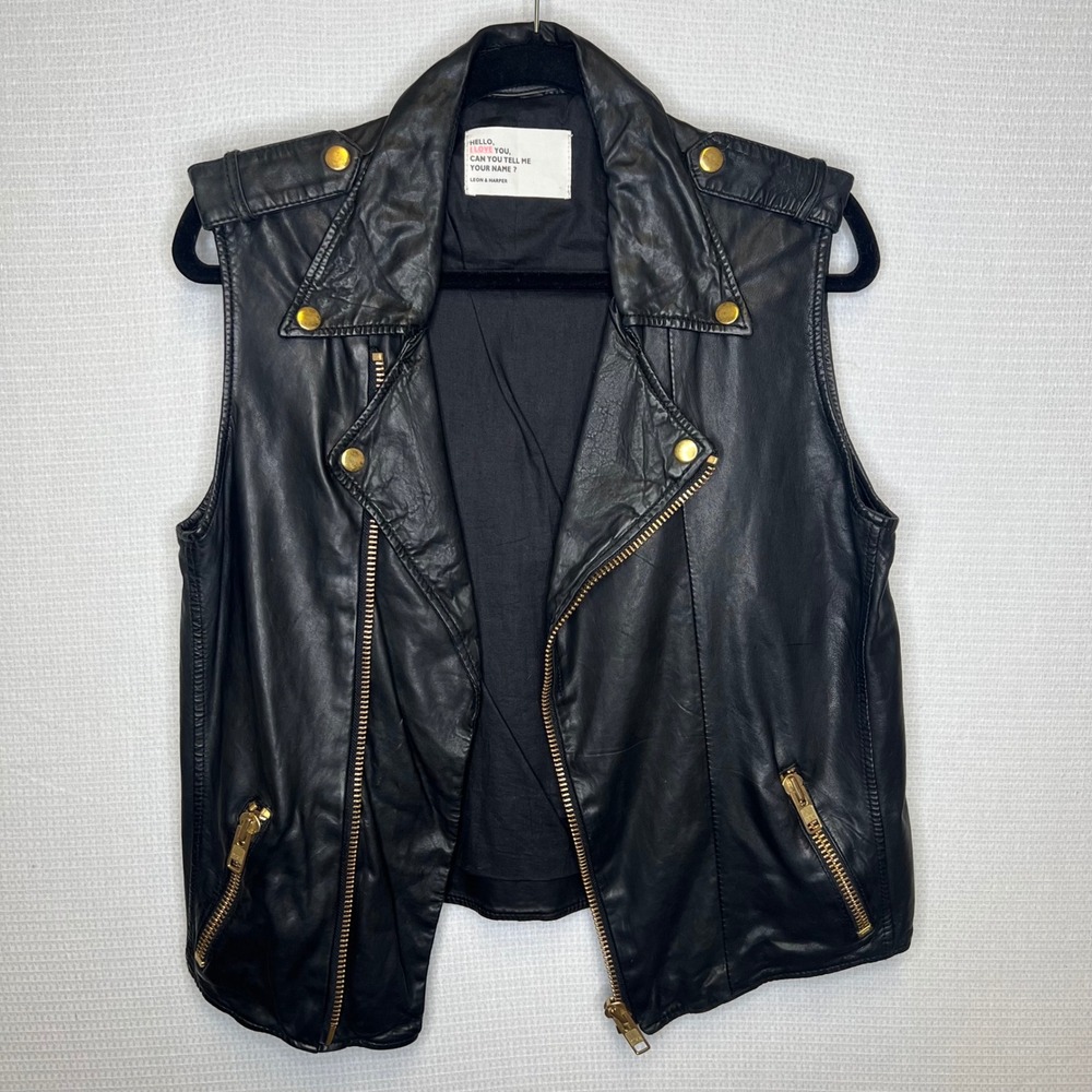 Leon & Harper Black Lamb Leather Moto Vest Gold Hardware Size Medium